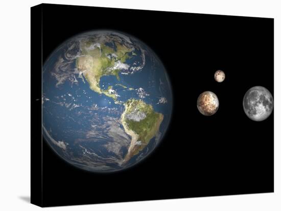 Artist's Concept of the Earth, Pluto, Charon, and Earth's Moon to Scale-Stocktrek Images-Premier Image Canvas