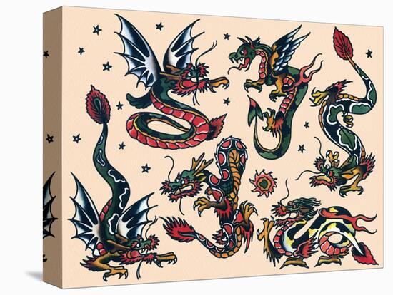 Asian Dragons, Authentic Vintage Tatooo Flash by Norman Collins, aka, Sailor Jerry-Piddix-Stretched Canvas