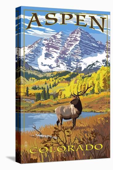 Aspen, Colorado - Mountains and Elk-Lantern Press-Stretched Canvas