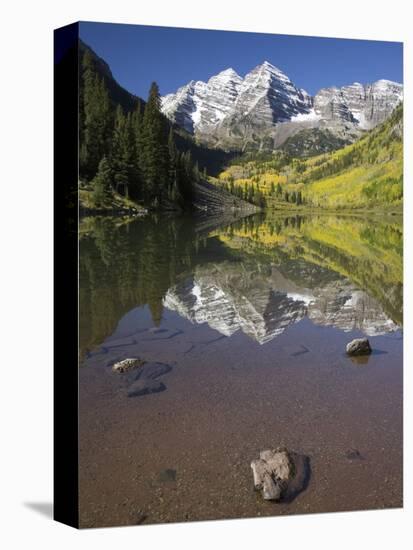 Aspens reflecting in lake under Maroon Bells, Colorado-Joseph Sohm-Premier Image Canvas