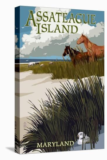 Assateague Island, Maryland - Horses and Dunes-Lantern Press-Stretched Canvas