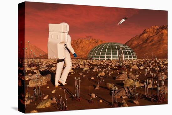 Astronaut Walking across the Surface of Mars Towards a Habitat Dome-Stocktrek Images-Stretched Canvas