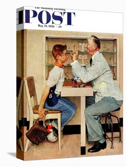 "At the Optometrist" or "Eye Doctor" Saturday Evening Post Cover, May 19,1956-Norman Rockwell-Premier Image Canvas