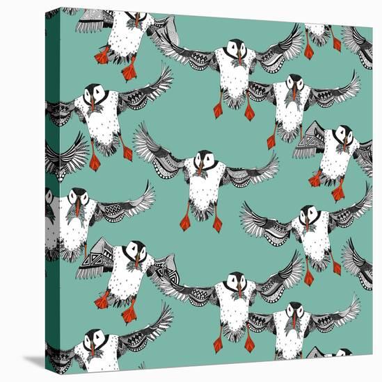 Atlantic Puffins Mint-Sharon Turner-Stretched Canvas