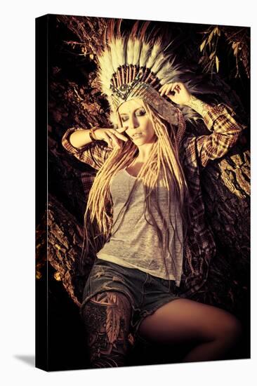 Attractive Modern Girl in Style of the American Indians. Western Style. Jeans Fashion. Tattoo.-prometeus-Premier Image Canvas