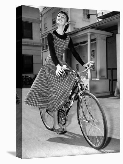Audrey Hepburn on Set of Film Sabrina 1954 (Dress by Givenchy)-null-Stretched Canvas
