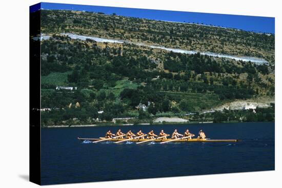 August 1960: U.S. Oar Crew Practicing on Lake Lugane, 1960 Rome Summer Olympic Games-James Whitmore-Premier Image Canvas