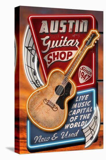 Austin, Texas - Guitar Shop Vintage Sign-Lantern Press-Stretched Canvas