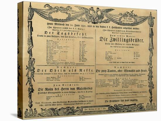 Austria, Vienna, Poster of Franz Schubert's Operetta the Twin Brothers, June 14, 1820-null-Premier Image Canvas