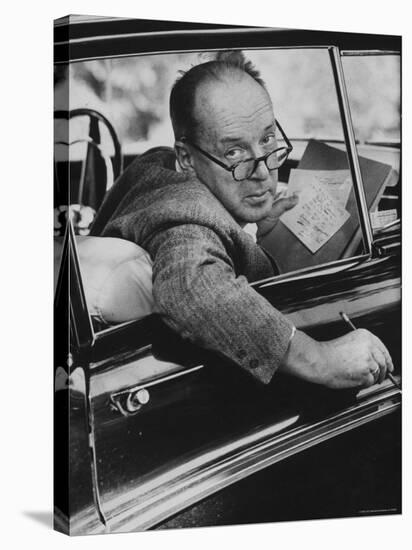 Author Vladimir Nabokov Writing in His Car. He Likes to Work in the Car, Writing on Index Cards-Carl Mydans-Premier Image Canvas