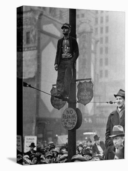 Automotive Union Member Watches from Private Perch During Mass Strike Demonstration-William Vandivert-Premier Image Canvas