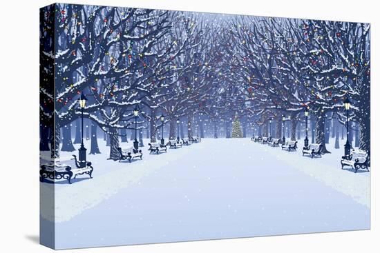 Avenue of Trees, Street Lamps and Benches in a Snow Covered Park-Milovelen-Stretched Canvas
