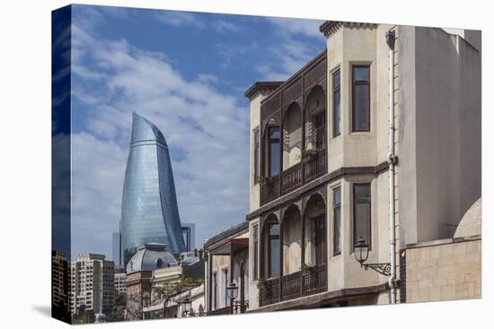 Azerbaijan, Baku. Old City and Flame Towers-Walter Bibikow-Premier Image Canvas