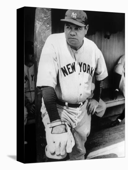 Babe Ruth in the New York Yankees Dugout at League Park in Clevelenad, Ohio, 1934-null-Stretched Canvas