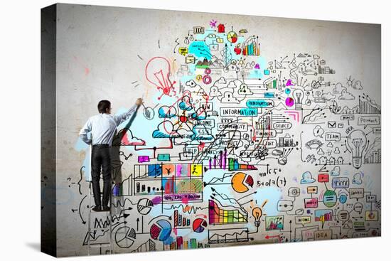 Back View of Businessman Drawing Sketch on Wall-Sergey Nivens-Premier Image Canvas