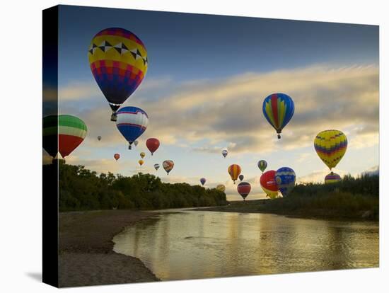Balloons Soaring About Sandia Mountains and Rio Grande River During Albuquerque Balloon Fiesta-James Shive-Premier Image Canvas