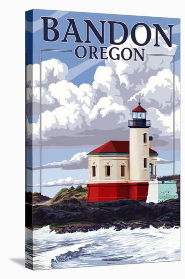 Bandon, Oregon - Coquille River Lighthouse (Version 2)-Lantern Press-Stretched Canvas