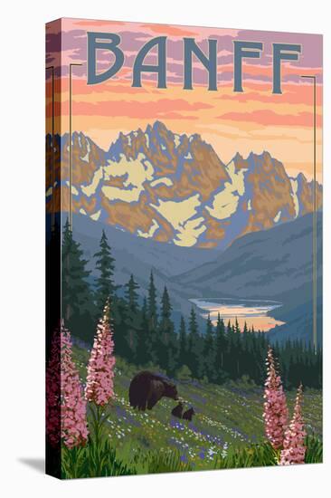 Banff, Alberta, Canada - Bears and Spring Flowers (with border)-Lantern Press-Stretched Canvas