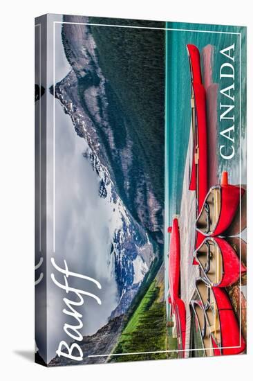 Banff, Canada - Lake Louise Canoes-Lantern Press-Stretched Canvas