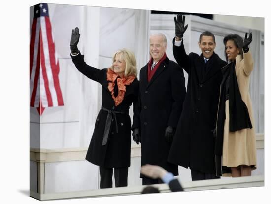 Barack Obama, Joe Biden and Their Wives Wave During the Inaugural Celebration at Lincoln Memorial-null-Premier Image Canvas