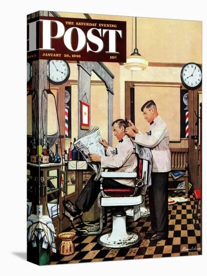 "Barber Getting Haircut," Saturday Evening Post Cover, January 26, 1946-Stevan Dohanos-Premier Image Canvas