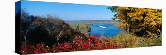 Barge on Mississippi River in Autumn, Great River Road, Iowa-null-Stretched Canvas