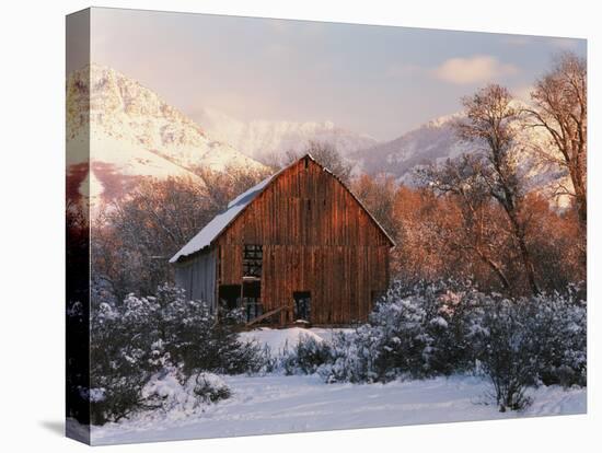 Barn Below Bear River Range in Winter, Utah, USA-Scott T^ Smith-Premier Image Canvas