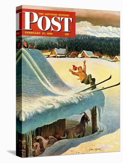 "Barn Skiing" Saturday Evening Post Cover, February 17, 1951-John Clymer-Premier Image Canvas