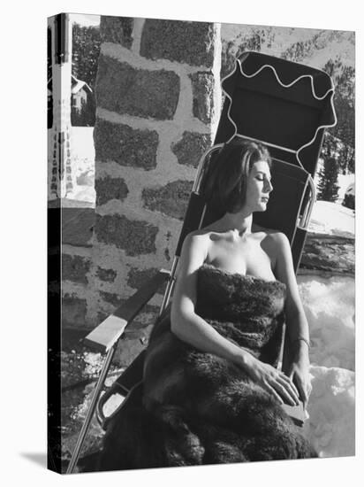 Baroness Fiona Thyssen-Bornemisza Sun-Bathing Wrapped in a Fur Rug at Resort-Leonard Mccombe-Premier Image Canvas