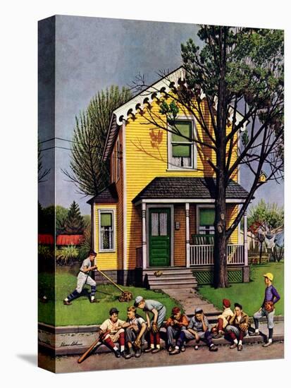 "Baseball Player Mowing the Lawn," July 20, 1946-Stevan Dohanos-Premier Image Canvas