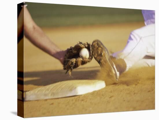 Baseball Player Sliding at a Base, and a Gloved Hand Holding a Ball-null-Premier Image Canvas