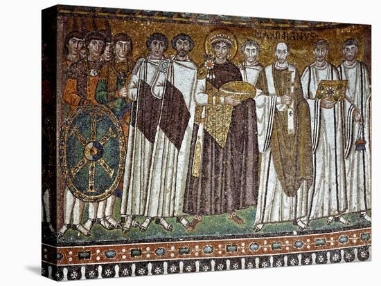 Basilica of San Vitale, Presbytery with Mosaic of Emperor Justinian, 6th c. Ravenna, Italy.-null-Stretched Canvas