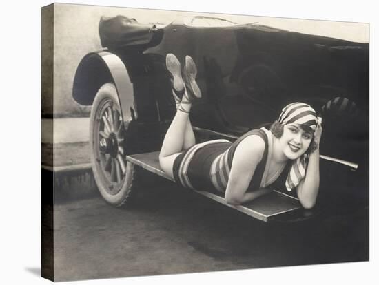 Bathing Beauty Posing on Running Board of Convertible-null-Stretched Canvas