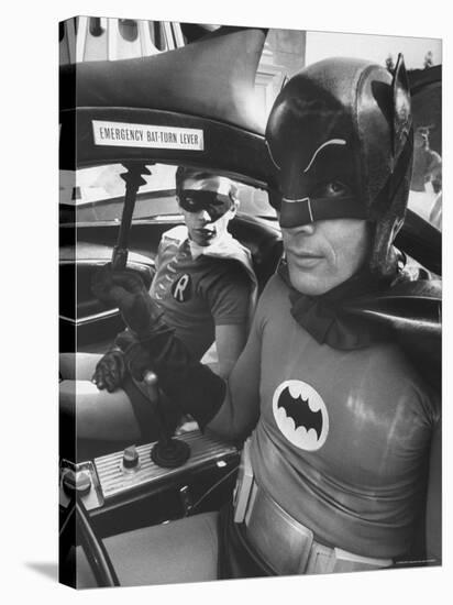 Batman Adam West and "Robin" Burt Ward in Bat Mobile, on Set During Shooting of Scene-Yale Joel-Premier Image Canvas