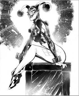 Batman Black And White Drawing Of Harley Quinn Sitting On A Box And Laughing Art Print By Art Com