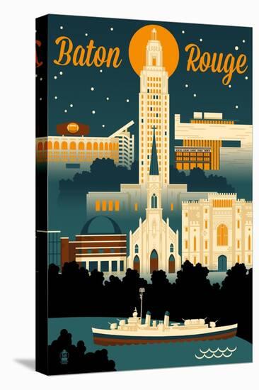 Baton Rouge, Louisiana - Retro Skyline-Lantern Press-Stretched Canvas