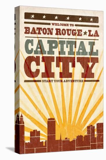 Baton Rouge, Louisiana - Skyline and Sunburst Screenprint Style-Lantern Press-Stretched Canvas