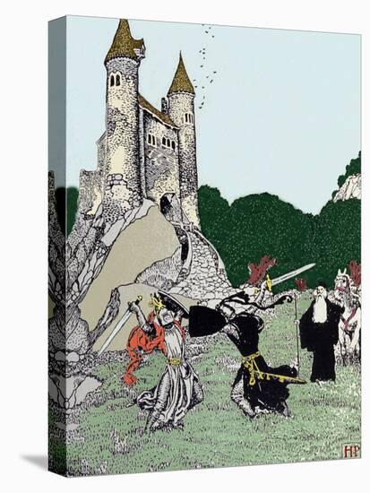 Battle between King Arthur (Artus) and the Black Knight in the Presence of Merlin the Enchanting. I-Howard Pyle-Premier Image Canvas