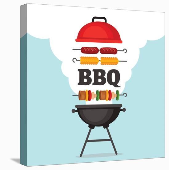 Bbq Party Background with Grill and Fire. Barbecue Poster. Flat Style, Vector Illustration.-Mallari-Stretched Canvas