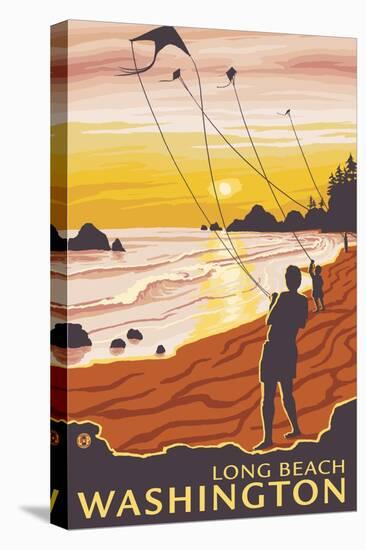 Beach & Kites, Long Beach, Washington-Lantern Press-Stretched Canvas