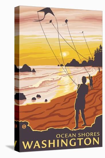 Beach & Kites, Ocean Shores, Washington-Lantern Press-Stretched Canvas