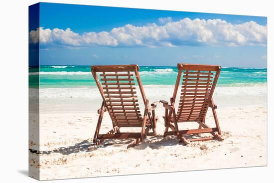 Beach Wooden Chairs for Vacations and Relax on Tropical White Sand Beach in Tulum, Mexico-TravnikovStudio-Premier Image Canvas