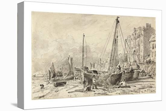 Beached Fishing Boats with Fishermen Mending Nets on the Beach at Brighton, Looking West, C.1824-28-John Constable-Premier Image Canvas