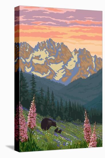 Bear and Spring Flowers-Lantern Press-Stretched Canvas