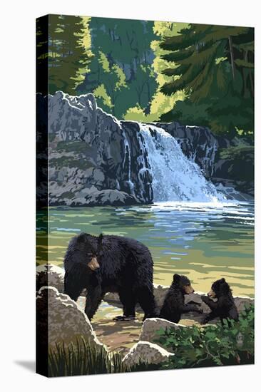 Bear Family and Waterfall-Lantern Press-Stretched Canvas