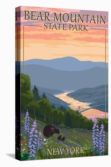 Bear Mountain State Park, New York - Bears and Spring Flowers-Lantern Press-Stretched Canvas