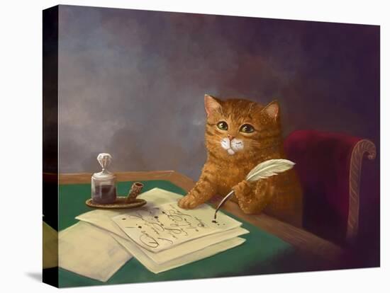 Beautiful Cute Ginger Tabby Cat Sitting at the Table and Writing a Letter with a Pen. Painting in T-Elena Medvedeva-Premier Image Canvas