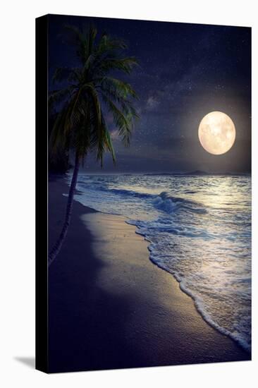 Beautiful Fantasy Tropical Beach with Milky Way Star in Night Skies, Full Moon - Retro Style Artwor-jakkapan-Premier Image Canvas