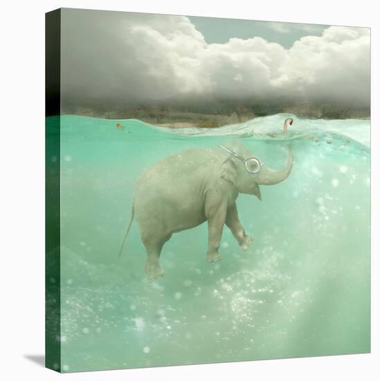 Beautiful Funny Elephant Swimmer Underwater with a Landscape in the Background-Valentina Photos-Premier Image Canvas