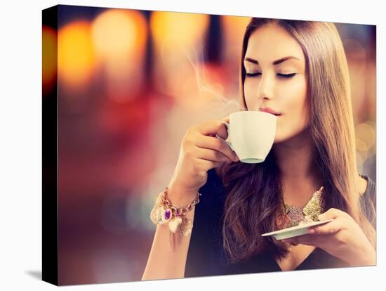 Beautiful Girl Drinking Tea or Coffee in Café-Subbotina Anna-Premier Image Canvas